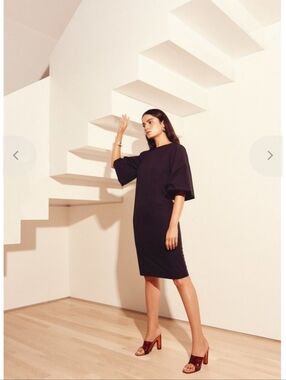 Kamperett Varo Black Puff-Sleeve Midi Shift Dress - Classic Women's Dress Small